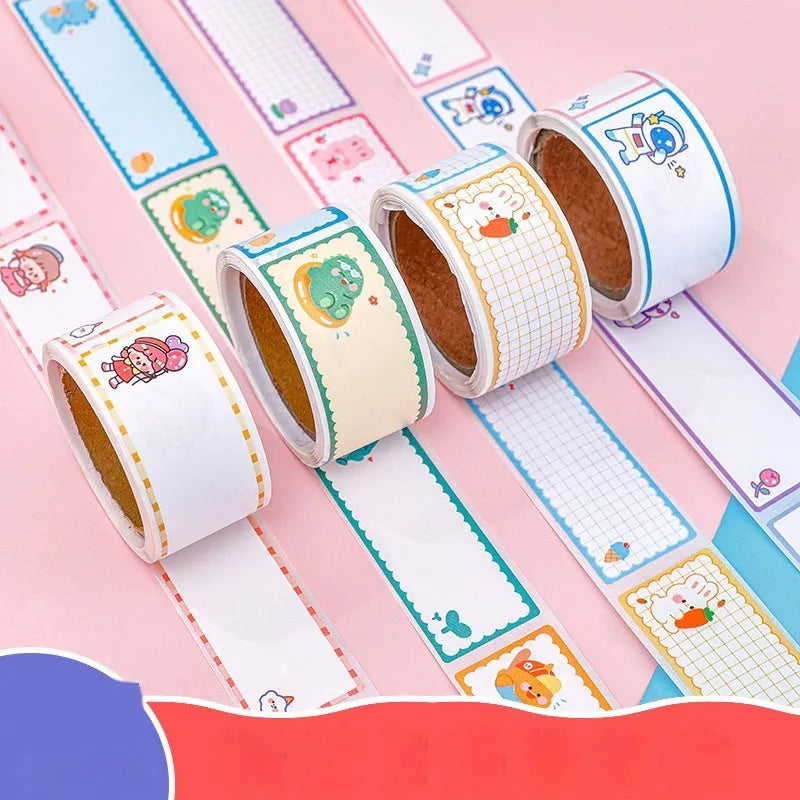 Cartoon name tape stickers roll with dinosaur, astronaut, rabbit, and girl design options