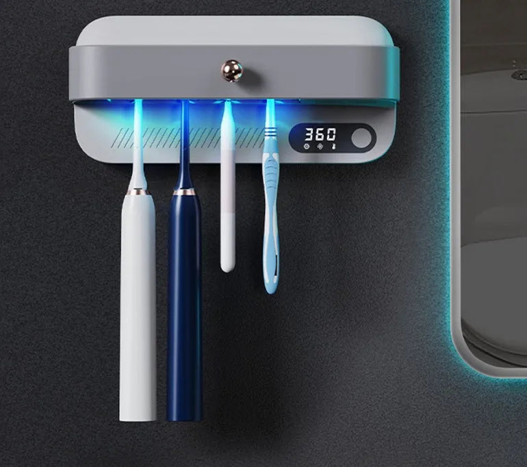 White wall-mounted smart toothbrush sterilizer holder with UV disinfection and USB charging port