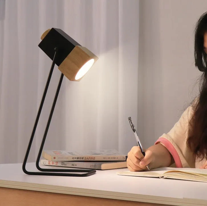 7W LED desk lamp with rubber wood and iron art body, rotary and button switch, eye protection and anti-myopia functions.