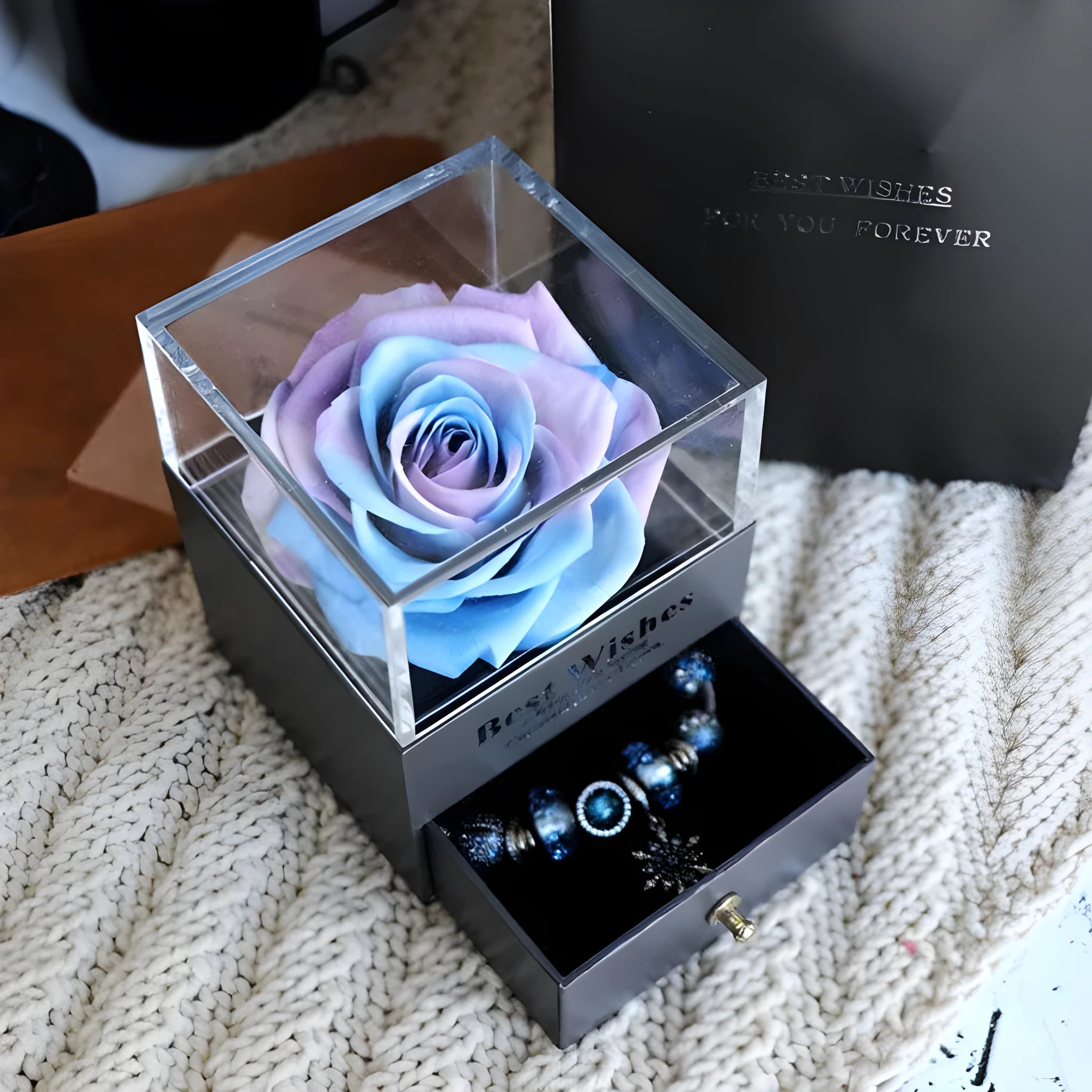 Eternal flower gift box with artificial roses, measuring 8.5cm wide and 10.5cm high