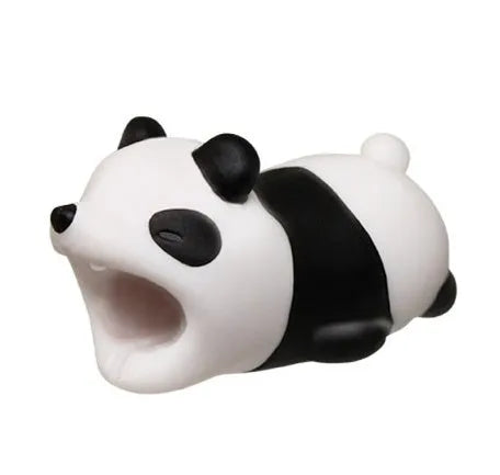 iPhone cable protector in an animal design, showing sleeve placed on charging cable near connector.