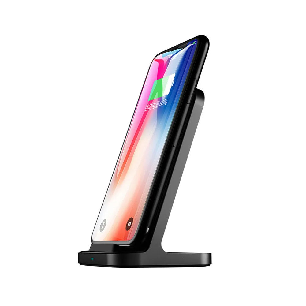 Dark grey vertical wireless charging stand for Apple phones measuring 70x70x113 mm