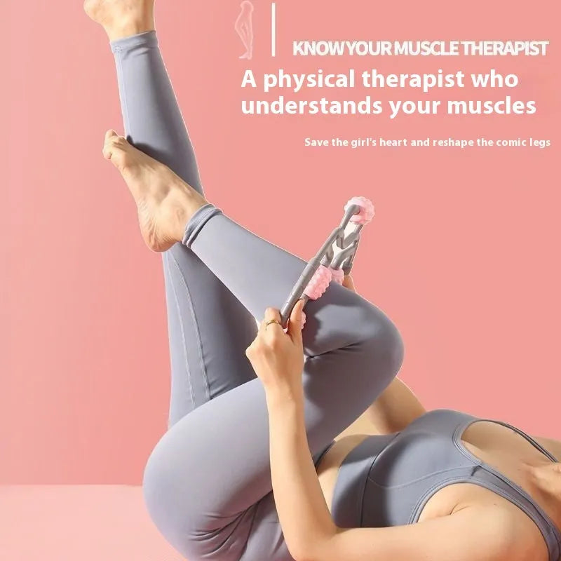 A handheld leg massage roller clip with multiple wheels, shown in a pink colour option.