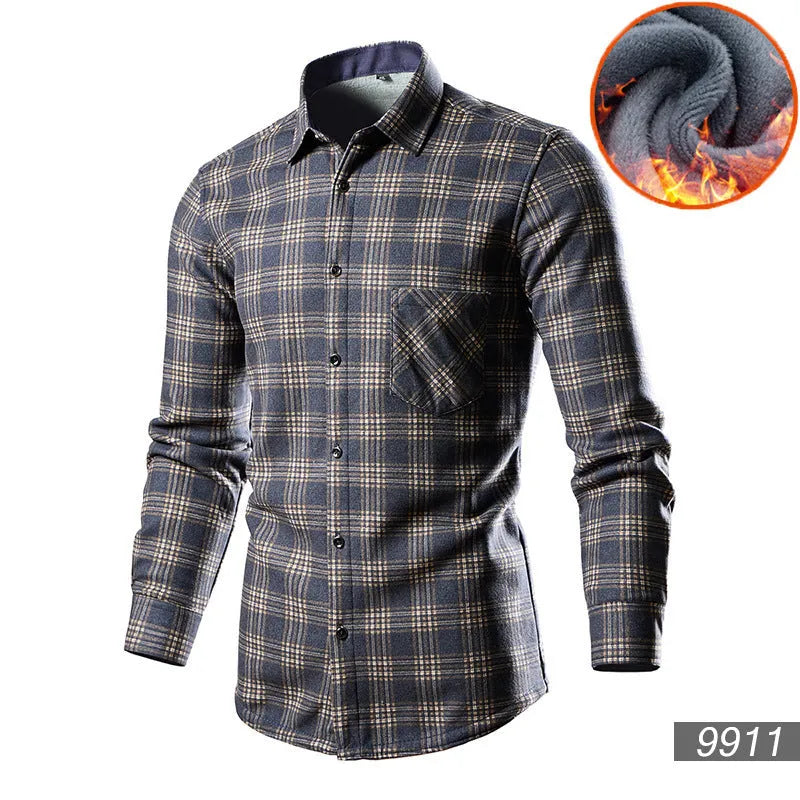 Men's long sleeve fleece-lined cotton blend cardigan shirt in a solid colour.