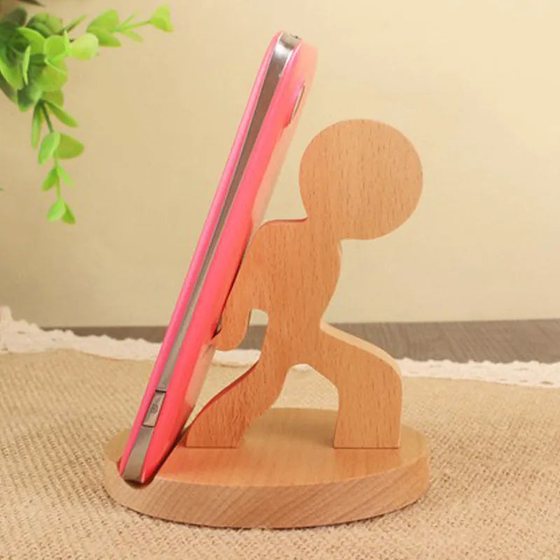Handcrafted beech wood and resin lazy bracket mobile phone holder on a wooden desk