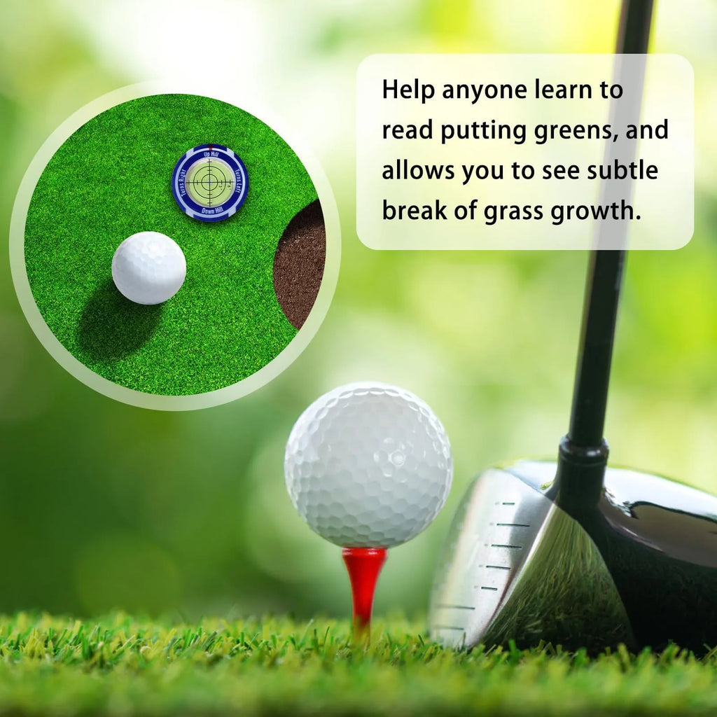 Golf level hat clip measurement tool with green level face and position marks in six colour options