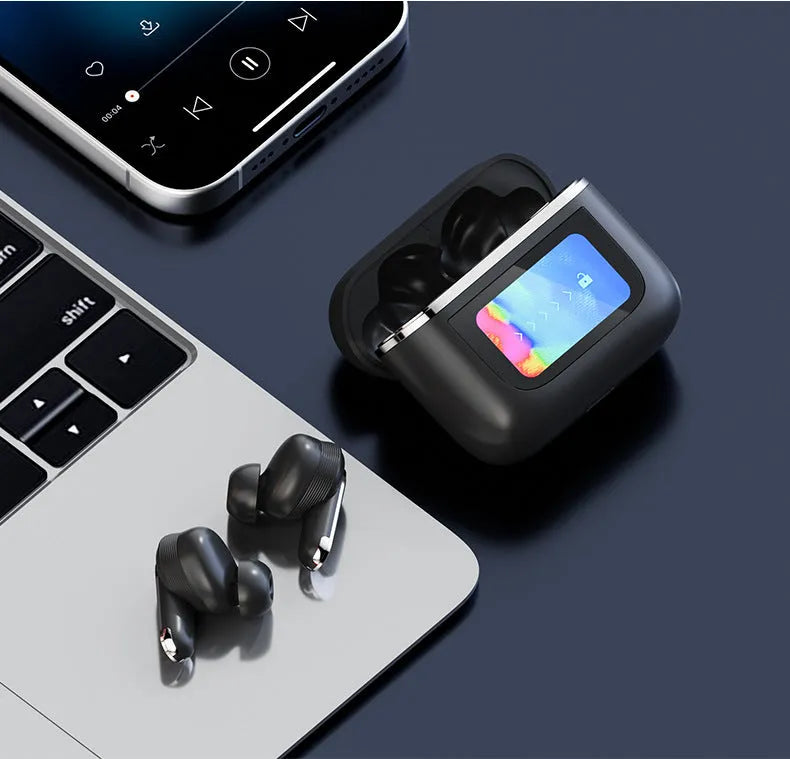 Wireless in-ear Bluetooth headphones with touch screen display and active noise cancellation technology