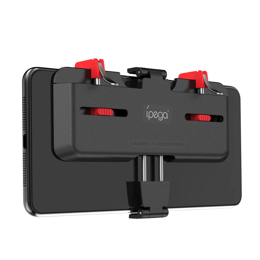 Black mobile phone gaming bracket with a trigger button and an extended telescopic phone clip.
