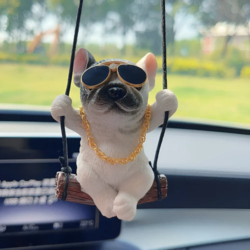 Cartoon-style resin bulldog car pendant hanging ornament in black, white, or yellow.