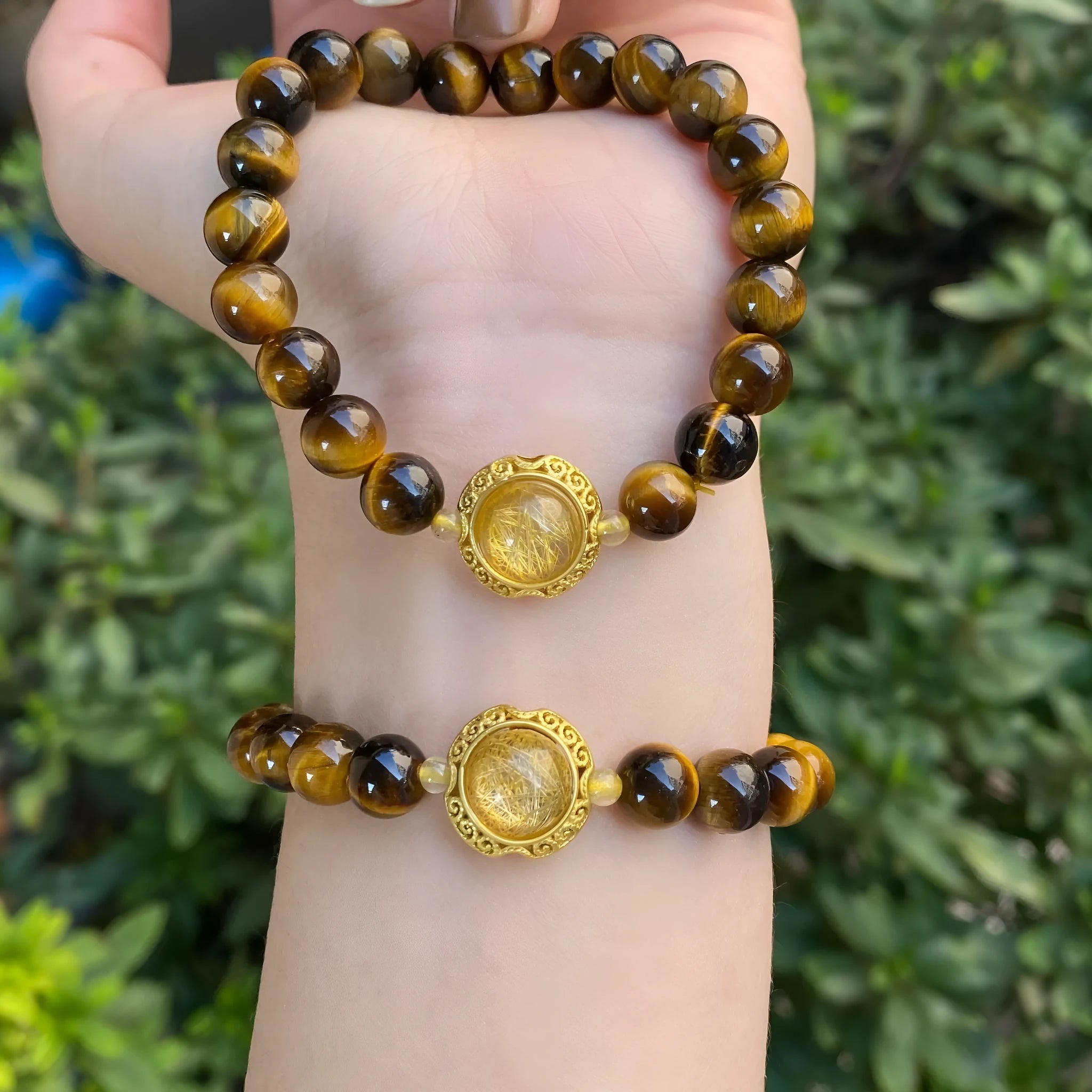 Handmade crystal bracelet with diamond gourd, topaz stones, and electroplated finish showing 8mm and 10mm components
