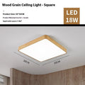 Square Nordic-style ceiling light with iron frame and wood grain finish, shown in a modern bedroom setting.