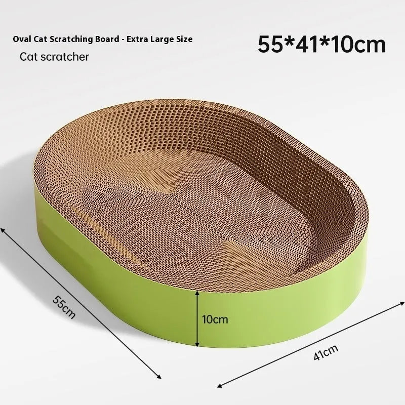 Green oval corrugated paper cat scratch board and nest with a 55cm diameter.