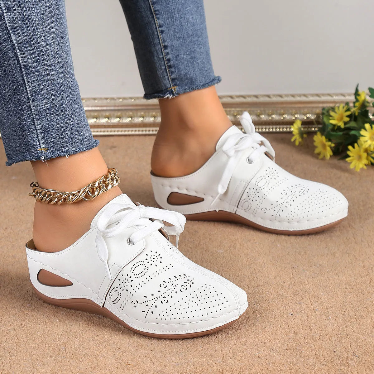 Women's lace-up baotou slippers with hollow out wedges in suede and rubber