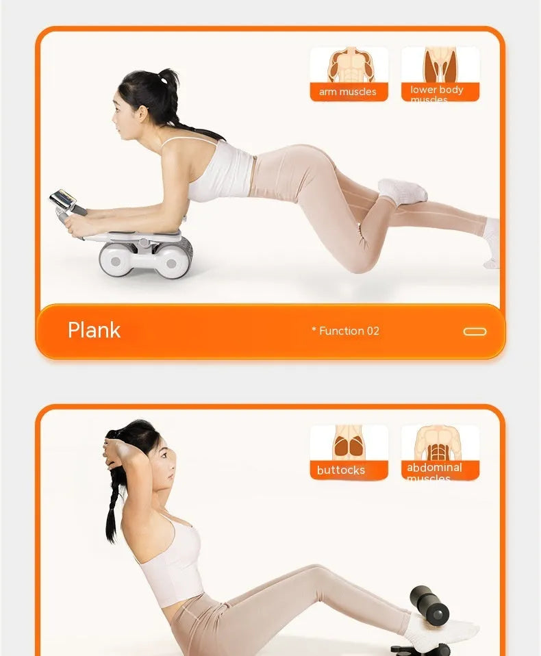 White belly roller fitness equipment with LED timing screen for abdominal contraction exercises