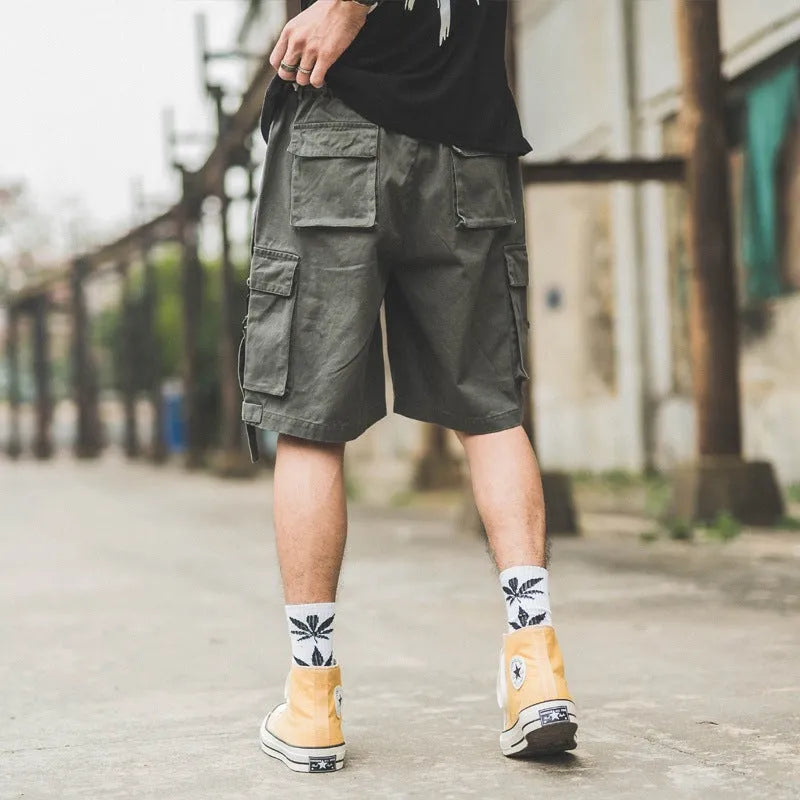 Hip hop men's cotton shorts in black, green, or khaki, sizes L to XXL, casual streetwear style