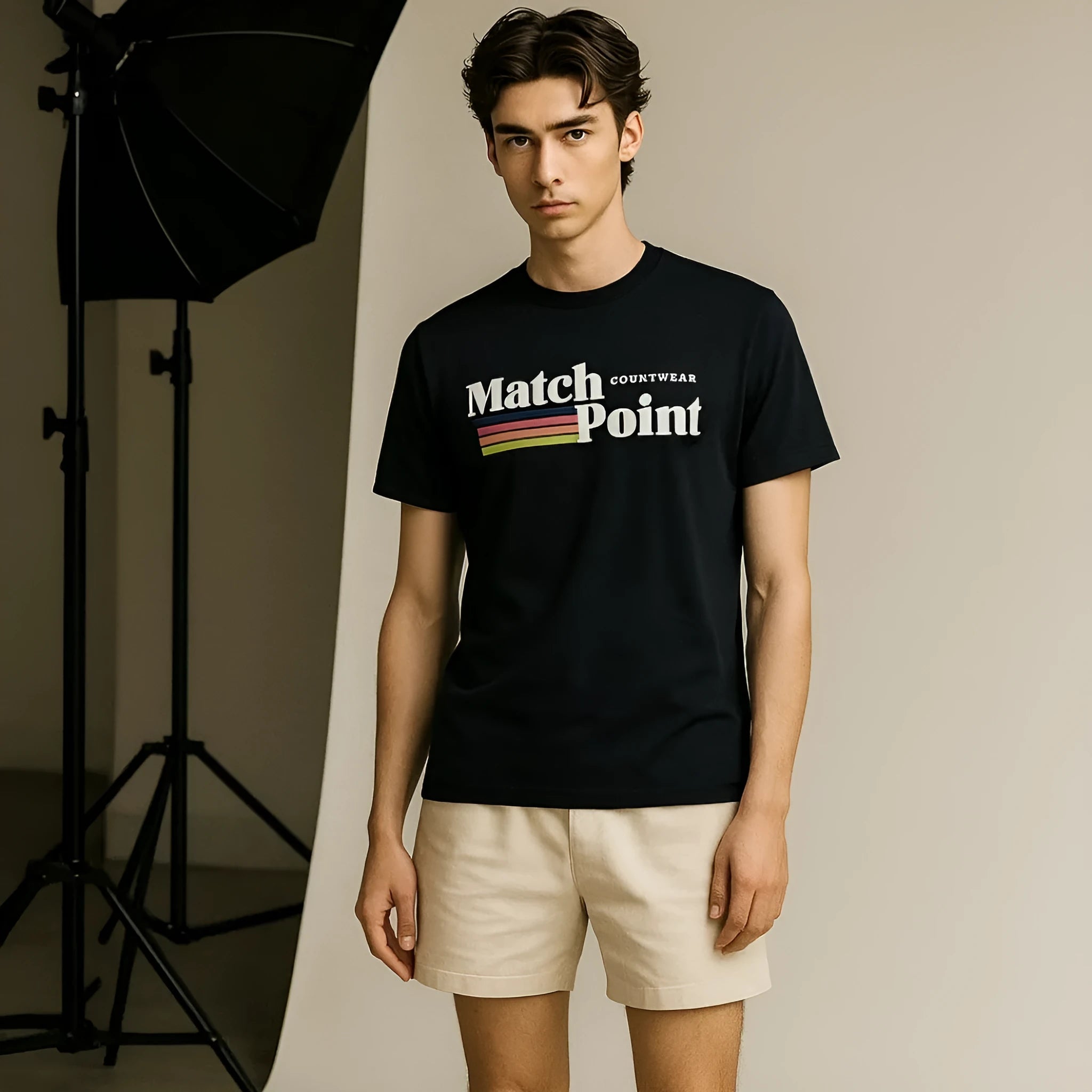Black men's t-shirt with white 3D digital printed text pattern on the front, showing round neck and short sleeves.