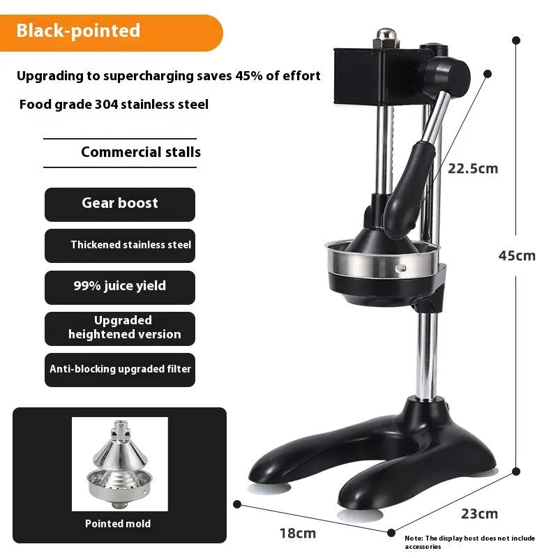 Vertical stainless steel and zinc alloy manual citrus juicer on a kitchen counter.