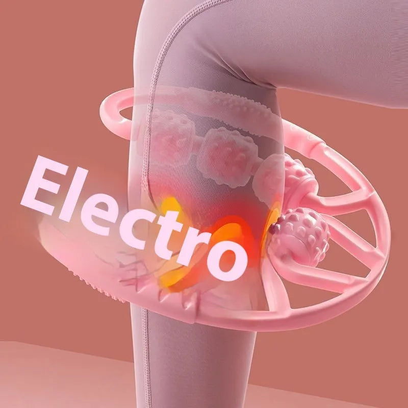 A handheld leg massage roller clip with multiple wheels, shown in a pink colour option.