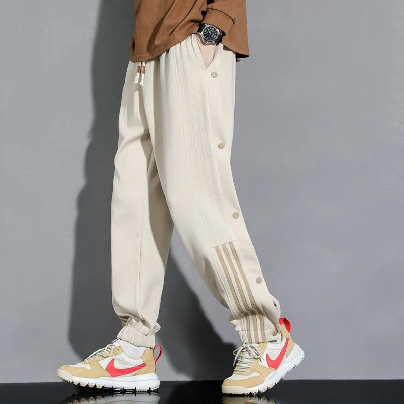 Men's loose fit cotton blend sweatpants with ankle ties and high waist elastic drawstring