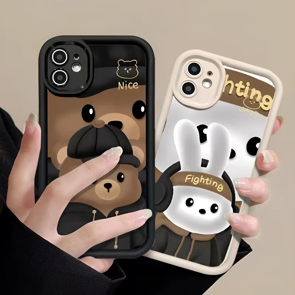 TPU phone case with cute bear design for Apple iPhone 7 to 15 series, available in three colours
