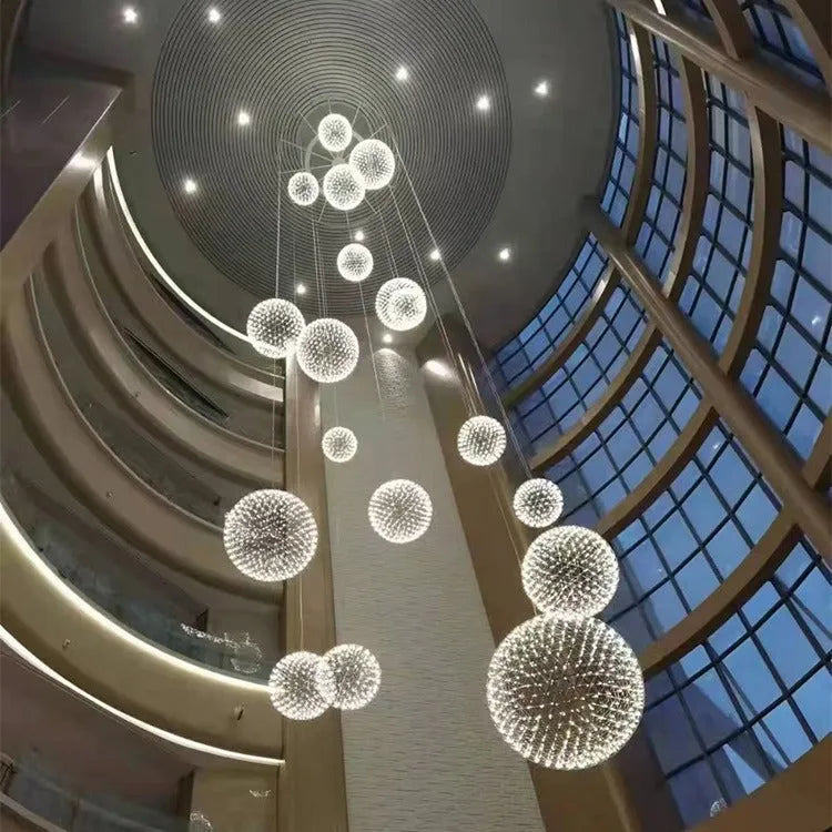 Nordic ceiling lamp for commercial atrium, chrome or gold lamp body, 200mm diameter, 12 or 18 beads