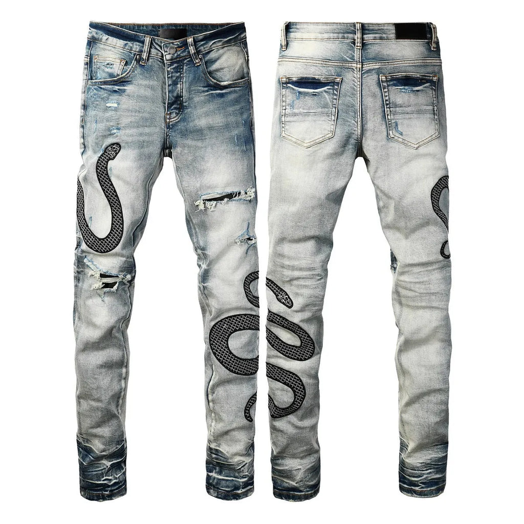 Blue distressed street fashion skinny jeans with a button fly and tight leg fit.