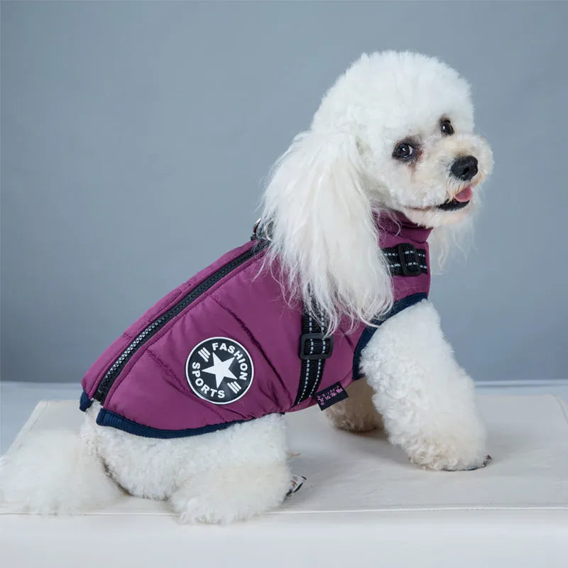 Waterproof dog coat with built-in harness in red, navy blue, or army green colours