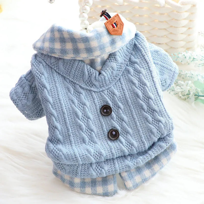 Blue wool plaid check two-piece dog sweater with fleece lining shown on dog model