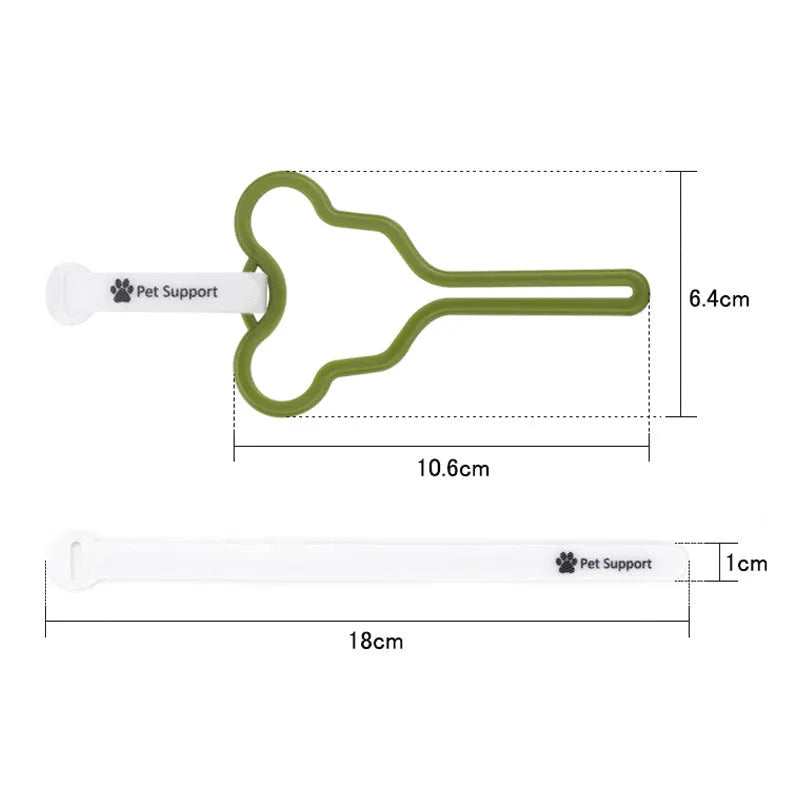 A dog poo bag holder with a hands-free clip and black Velcro strap attached to a leash.