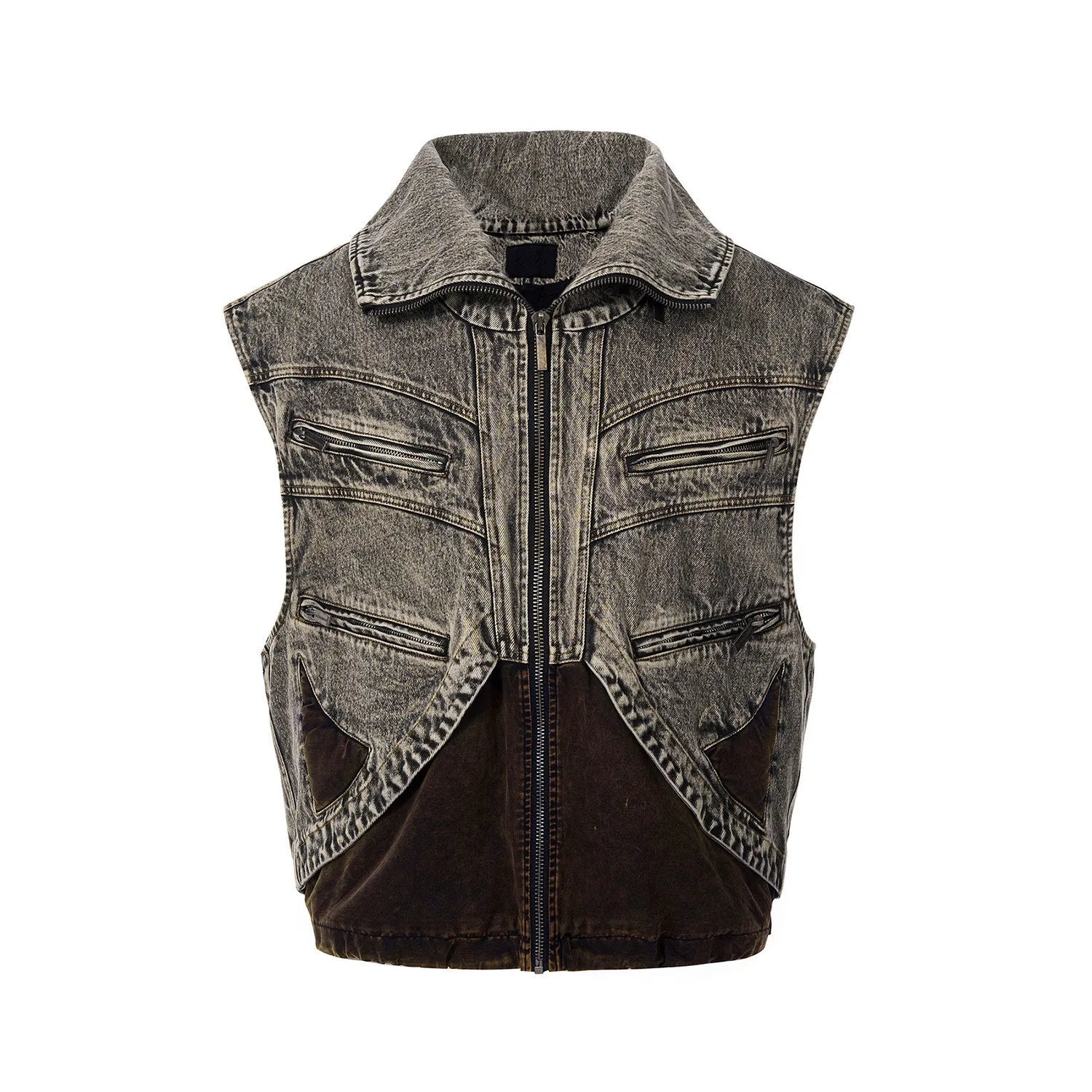 Men's denim vest jacket with front zip and sleeveless design in youth pop style