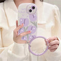 Purple tulip transparent TPU phone case for iPhone with purple bracelet on a white background