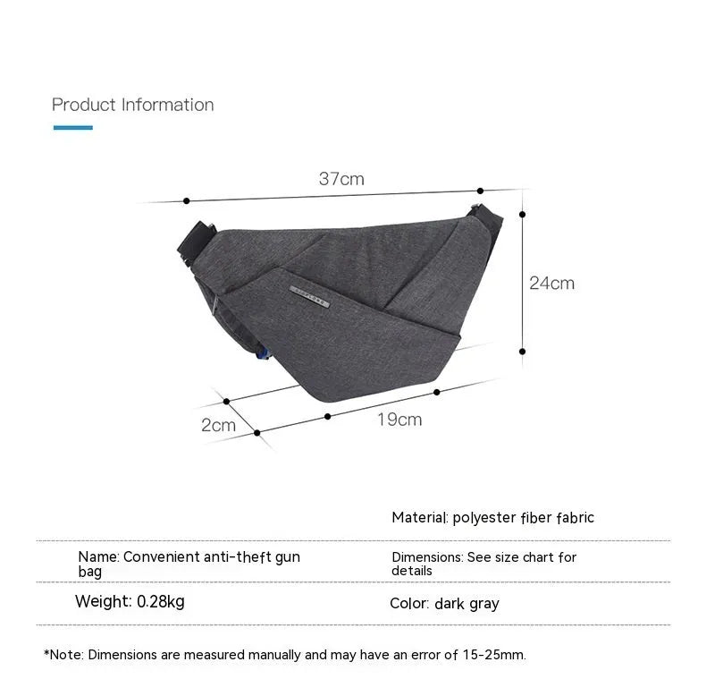 Dark gray right-shoulder crossbody chest bag with anti-theft function, polyester lining, file bag and sandwich zipper bag.