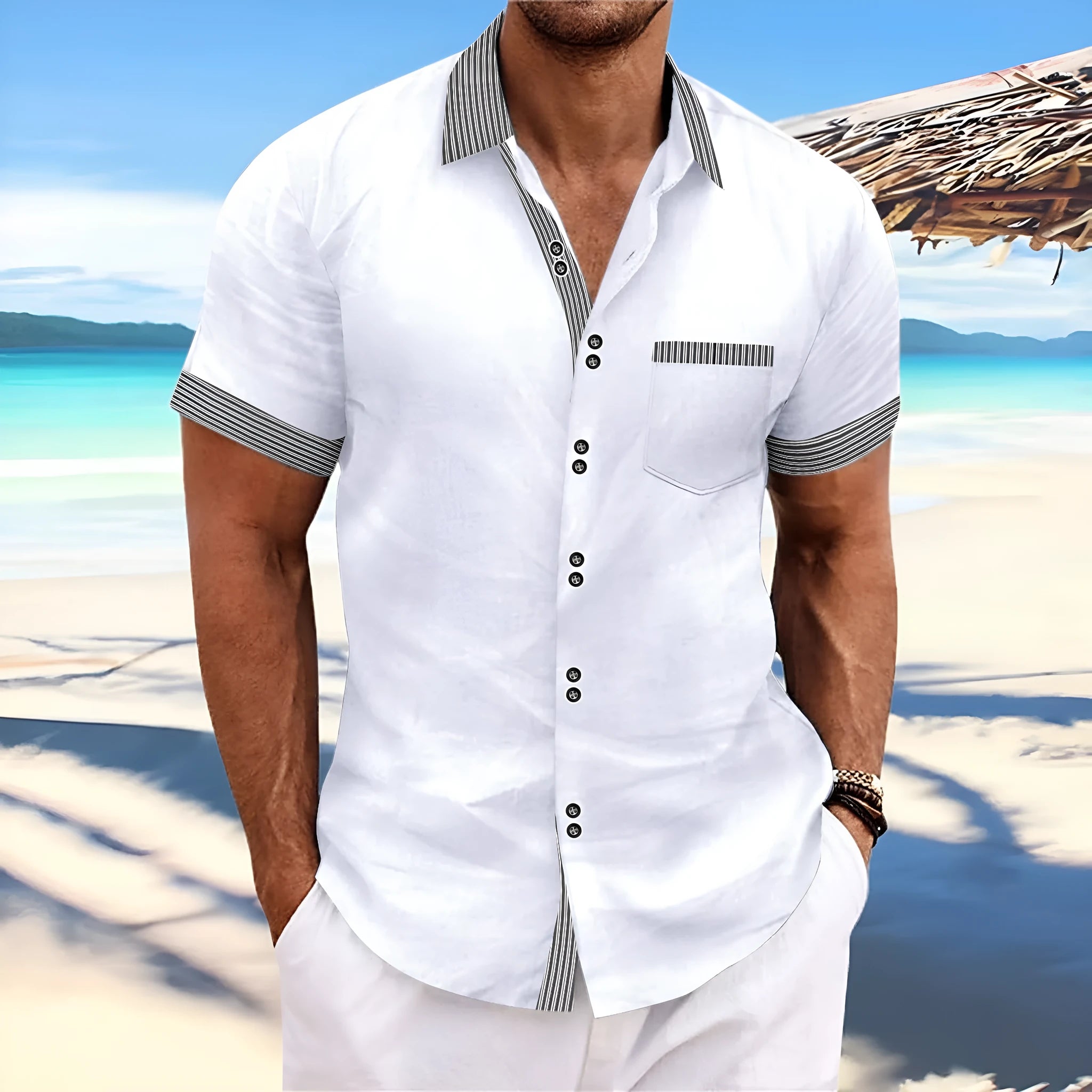 Men's slim fit striped short sleeve casual shirt in pure cotton on a hanger, showing double button detail.