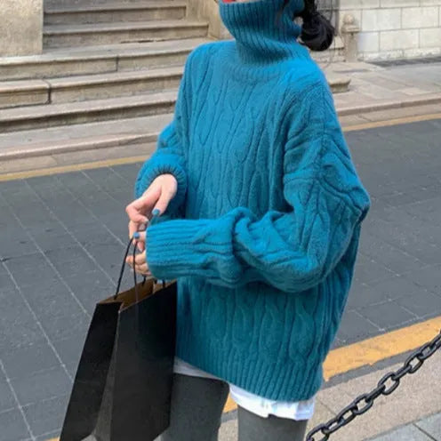 Twisted high-neck women's sweater in loose pullover style with long sleeves, polyester fabric, one size, seven colours available