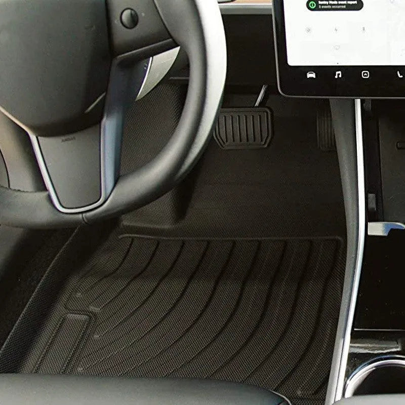 Rubber and TPE floor mats designed for Tesla Model 3, Model Y, Model X, and Model S vehicles