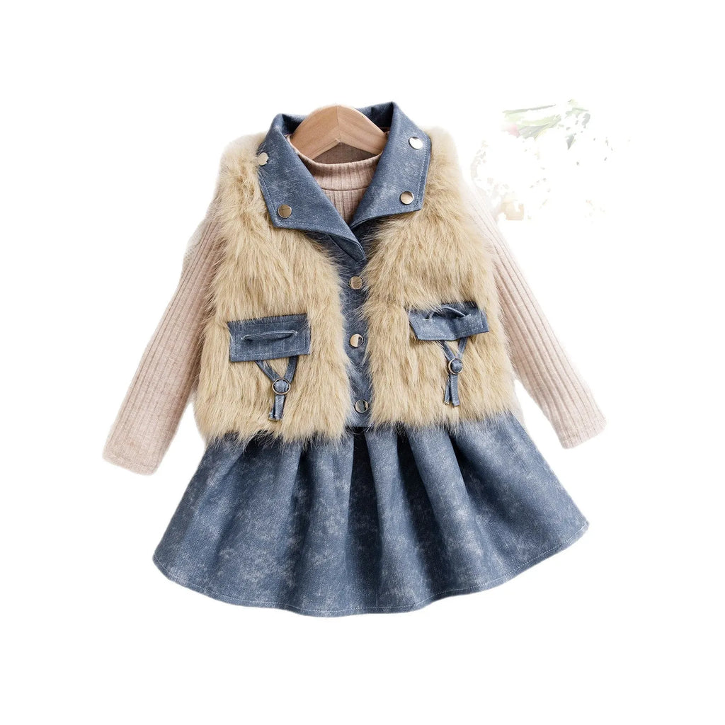 Girls apricot three-piece set with sleeveless top, denim skirt, and knitted vest, polyester fabric, sizes 4Y to 7Y