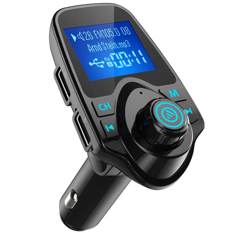 Black car Bluetooth hands-free FM transmitter kit with USB and memory card ports.