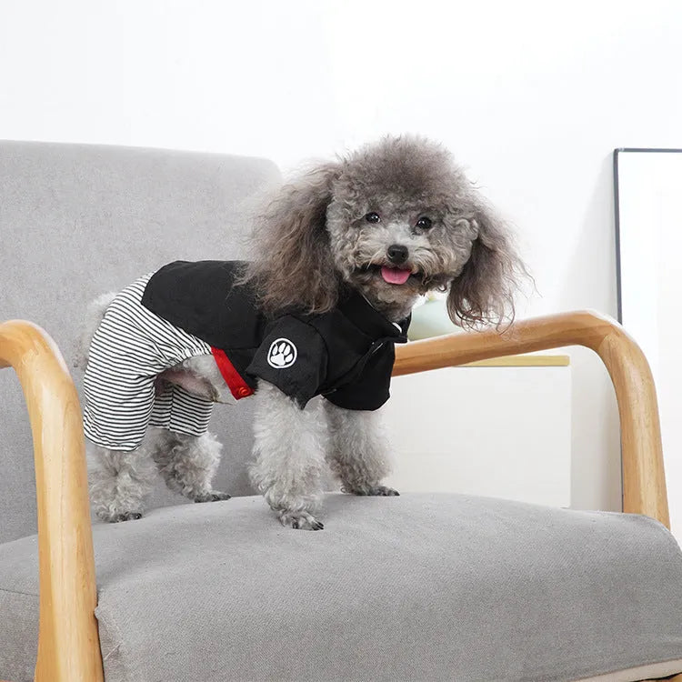 Thin cotton dog clothes shown as a skirt style and four-foot pants style for small breeds like poodles.