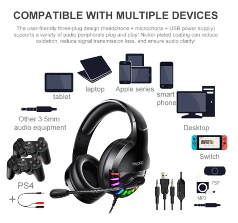 Black wired gaming headset with detachable microphone and in-line sound card control