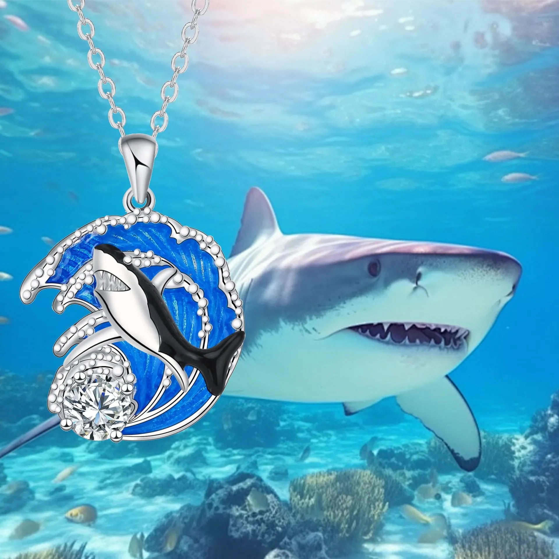 Silver tone shark pendant necklace on cross chain with adjustable 41-50cm length