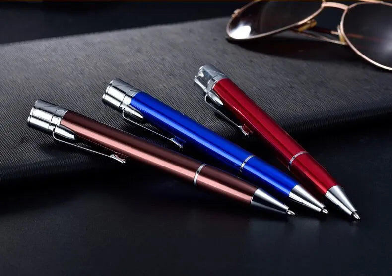 Slim metal windproof pen lighter with jet flame, shown with key chain in selectable colours.