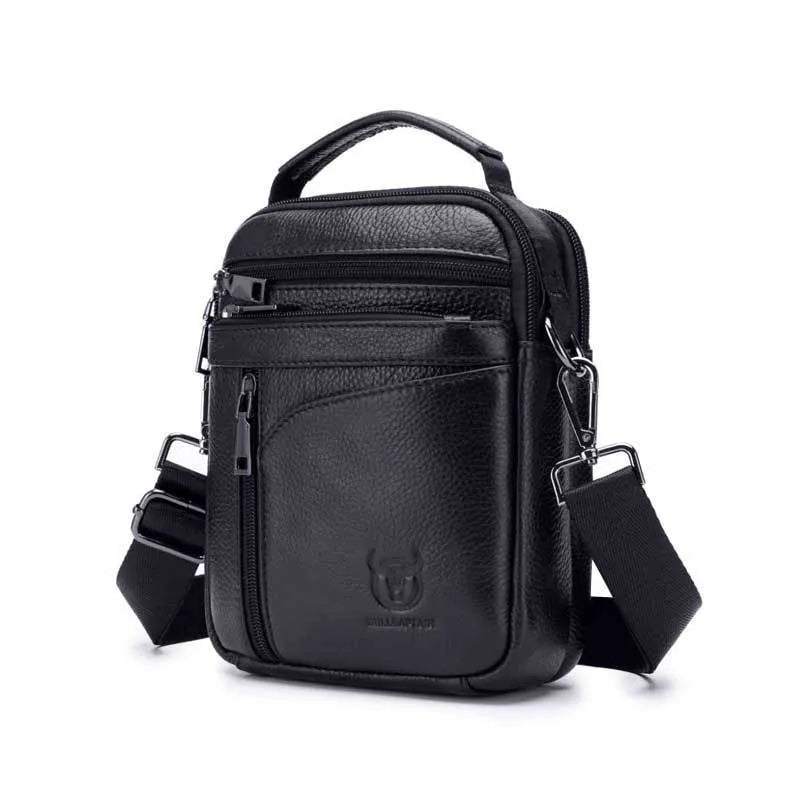 Black genuine leather men's shoulder messenger bag with retro style for business and travel
