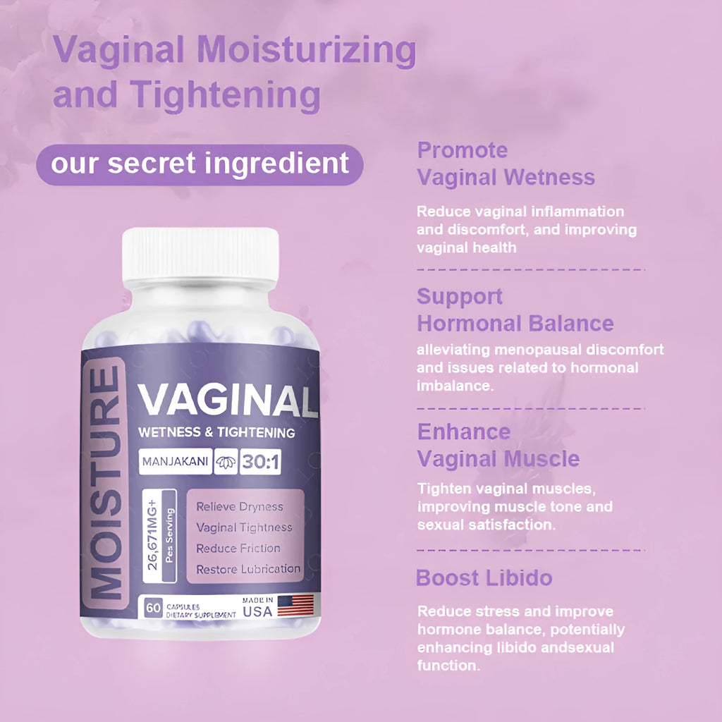Bottle containing 60 vaginal capsules with herbal extraction formula for adult women's intimate wellness