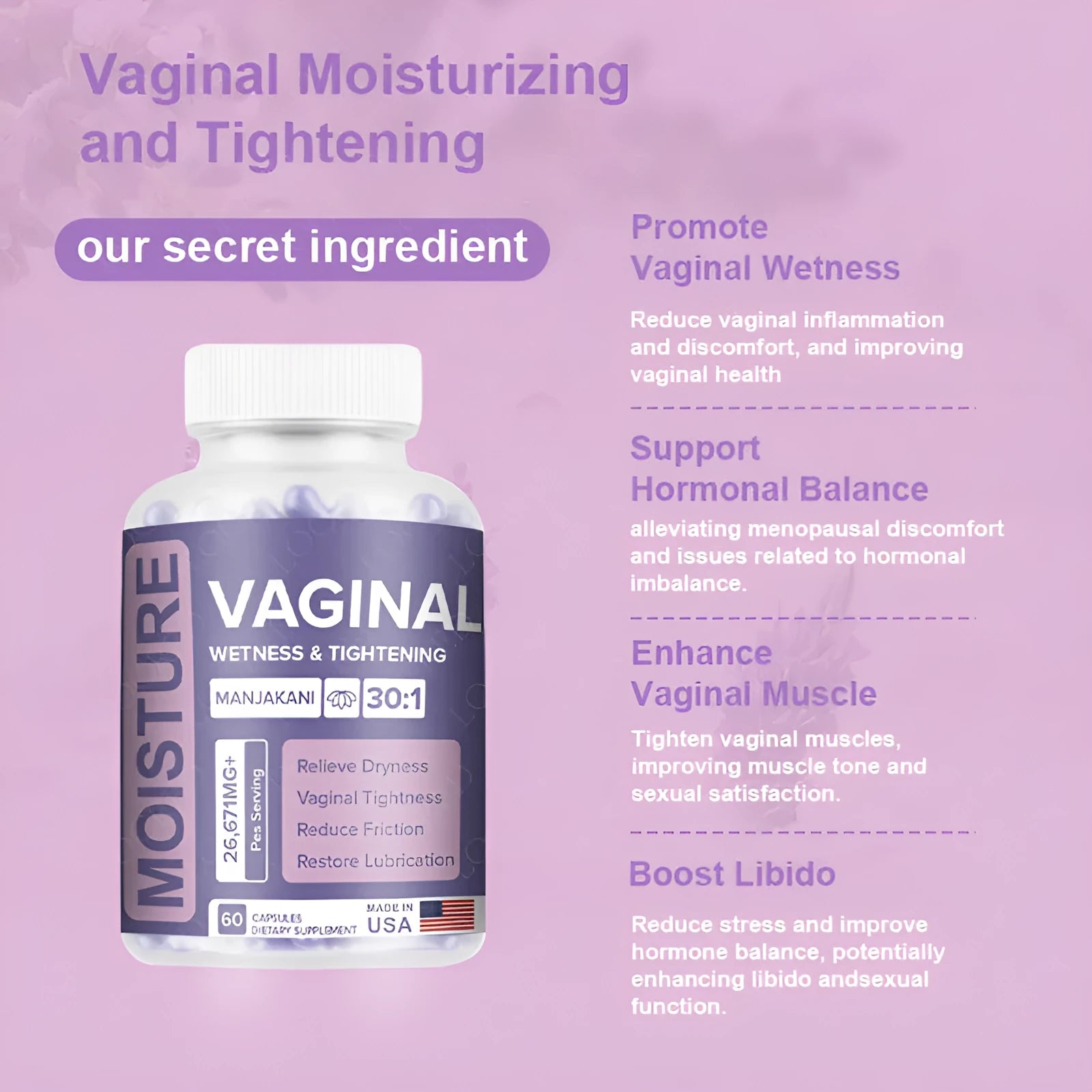 Bottle containing 60 vaginal capsules with herbal extraction formula for adult women's intimate wellness