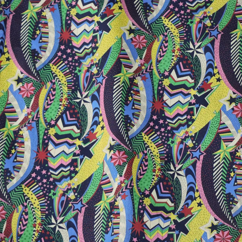 Blue digital print cotton fabric with plant and flower pattern showing 145cm width measurement