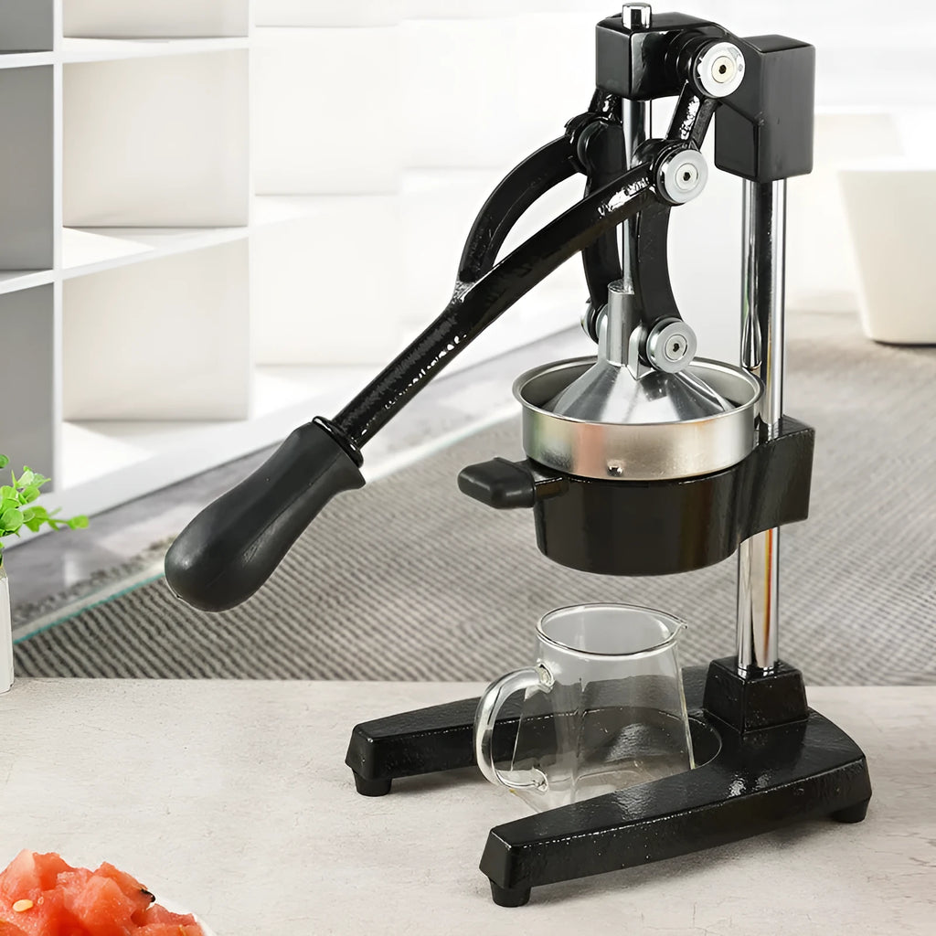40cm tall black manual cast iron juicer with stainless steel funnel