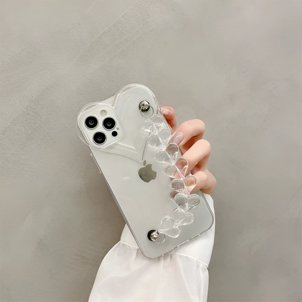 Transparent iPhone case with love bracelet chain design for Apple models 7 through 13 Pro Max