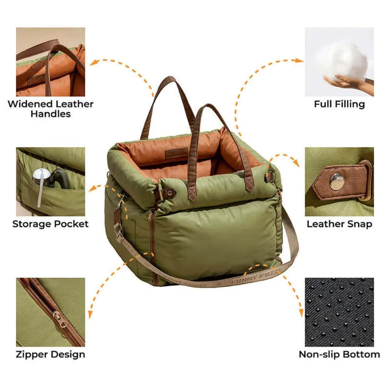 Green removable washable dog car nest with waterproof PU base, shown in a car boot
