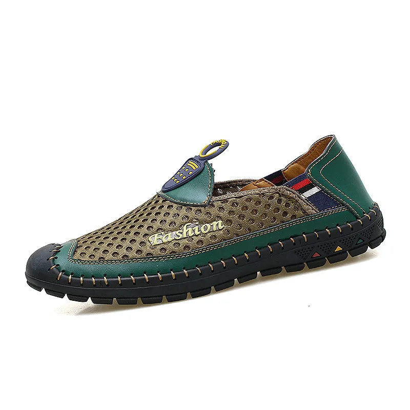 Men's brown breathable mesh casual shoes with round toe and rubber sole.
