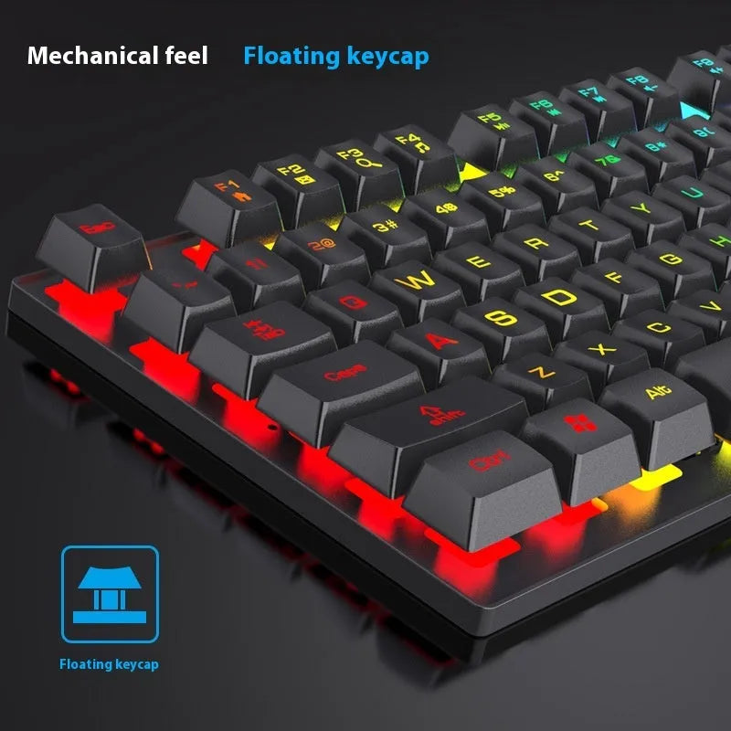 Black 104-key backlit gaming keyboard with mouse bundle on desk